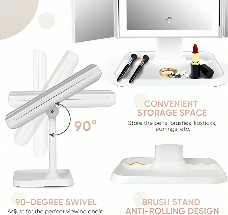 Specchio LED pieghevole a 3 pannelli per trucco preciso