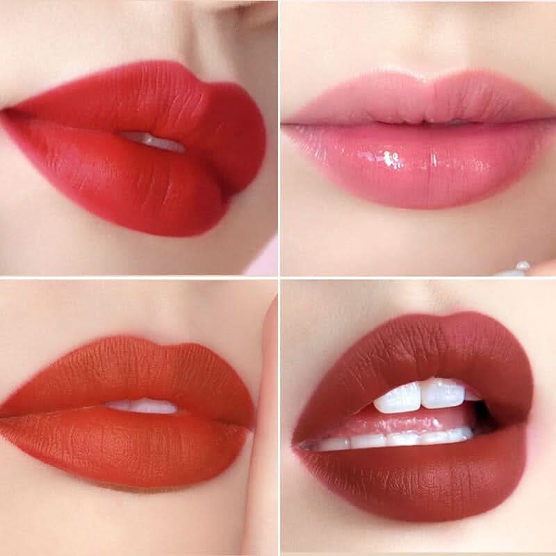 Labios mate rojos en estuche de bolso de mano elegante 