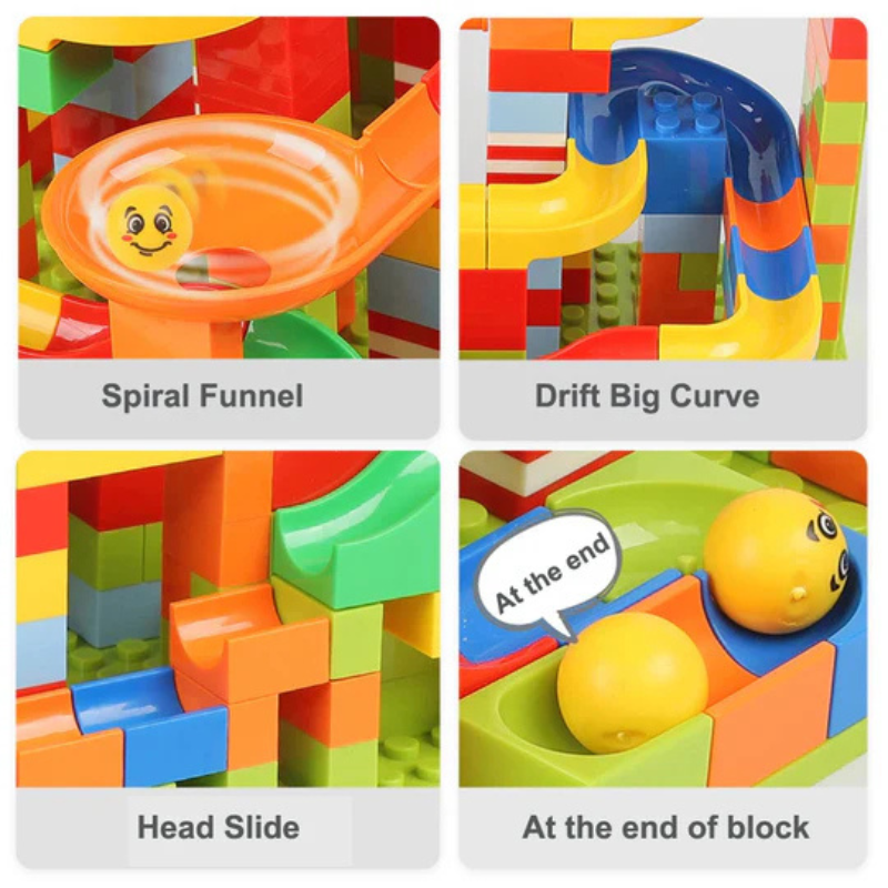 Gioco di costruzione con circuito di biglie modulare 